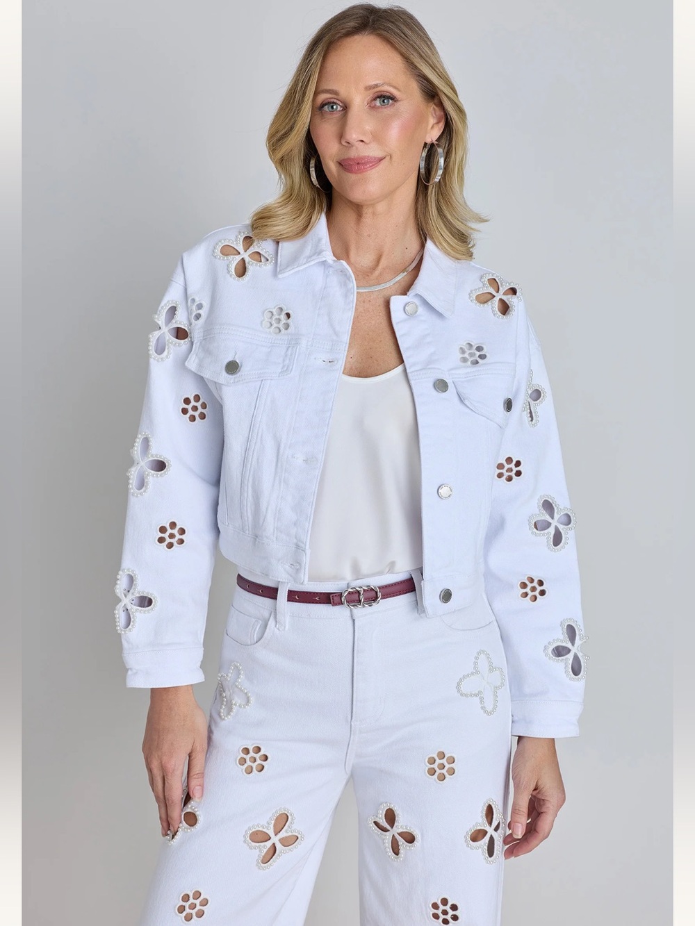 NWT The Noli Shop Kaia Pearl Cropped Jean Jacket in White Size XL $248